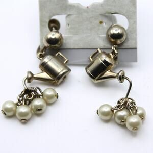 Vintage Watering Can Charm Dangle Earrings Pearl Beads Screw Back 1.5" - Hey Viv